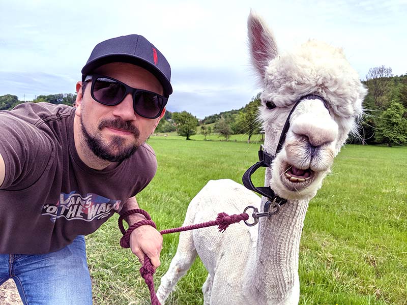 Stefan Hafenscher 1 Mann mit Sonnenbrille, Baseball-Cap führt ein Alpaka an der Leine