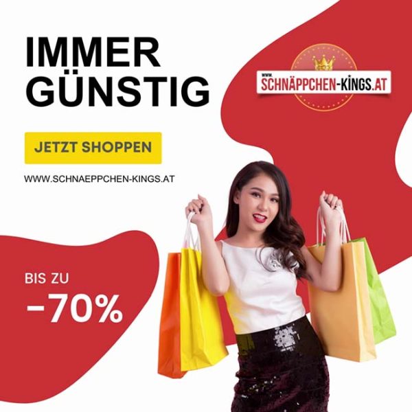 Video Ad für Schnäppchen Kings. Frau mit Einkaufstaschen und -70% Hinweis.