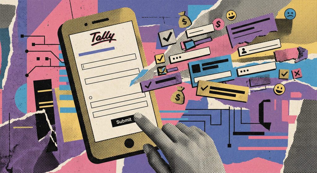 Tally Forms Erfahrungen aus der Praxis 22 Smartphone zeigt Tally-Formular im bunten Retro-Collage-Stil.