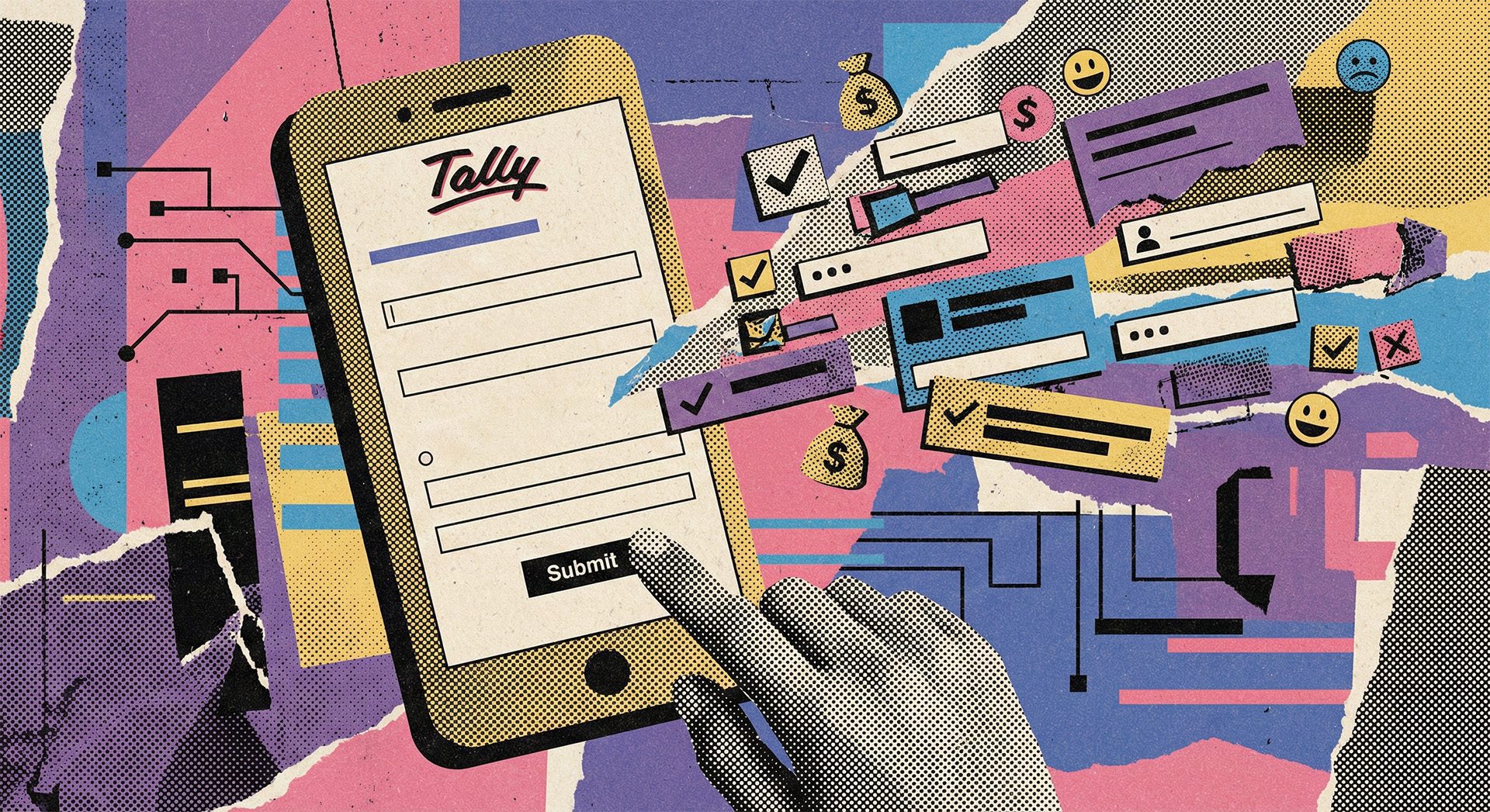 Smartphone zeigt Tally-Formular im bunten Retro-Collage-Stil.