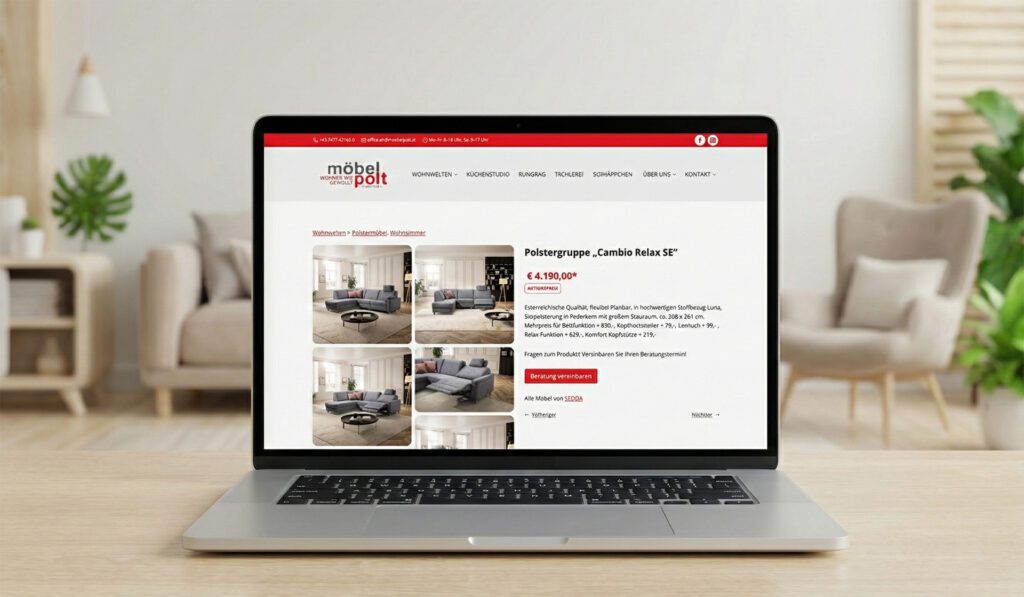 Wordpress Website für moebel polt 14 Laptop auf einem Tisch mit Möbeln im Hintergrund